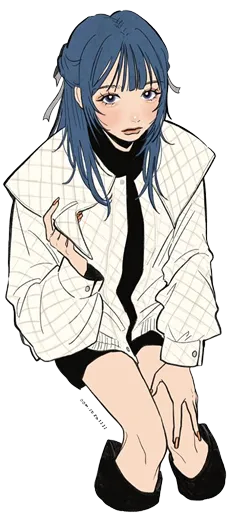 青髪の女の子が座っているイラスト